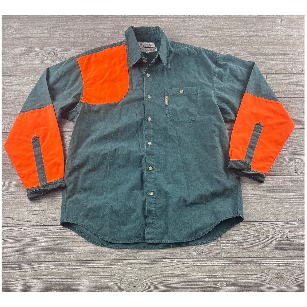 Columbia Shooting Shirt Mens Medium Green Blaze Orange Quilted Shoulder Hunting